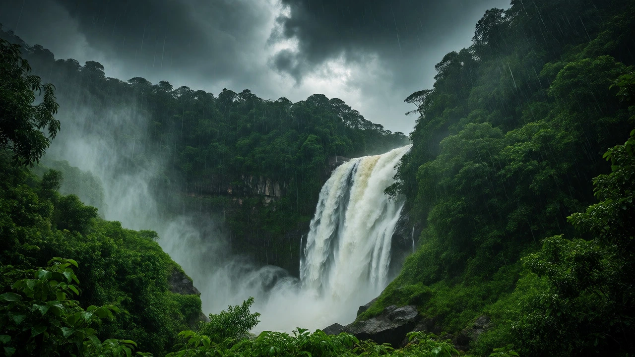 Powerful Dudhsagar Falls surrounded by lush green jungle during monsoon rains