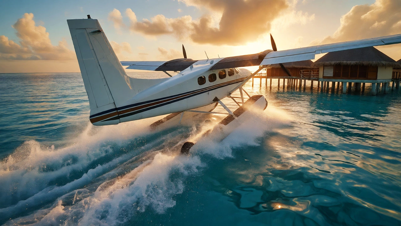 Seaplane taking off from lagoon near overwater resort bungalows